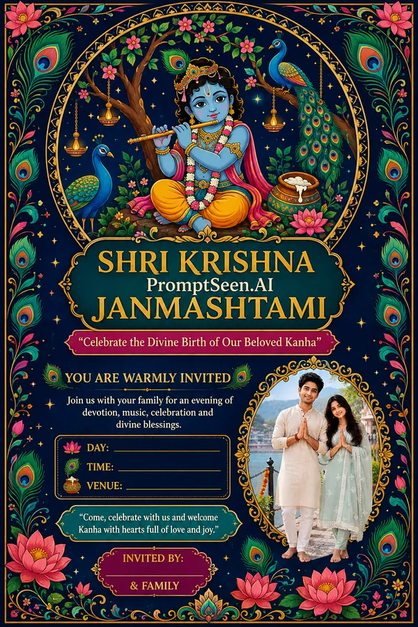 Janmashtami Invitation Card luxurious peacock garden