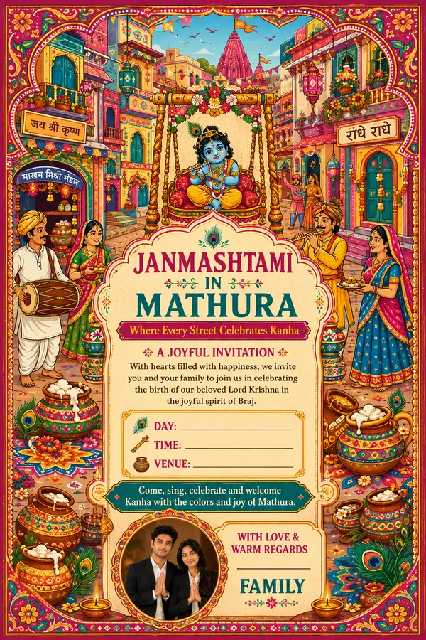 Janmashtami Invitation Card colorful streets of Mathura