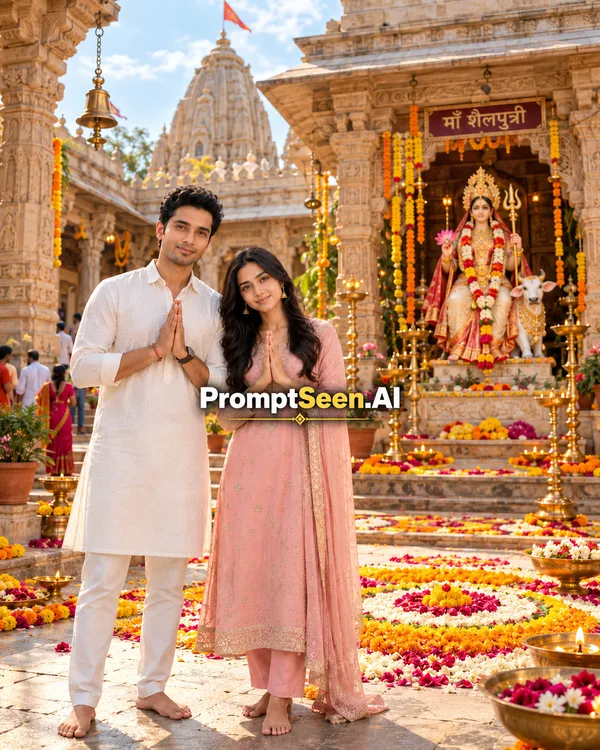 Maa Shailputri Temple Courtyard Traditional Flower Rangoli Prompt