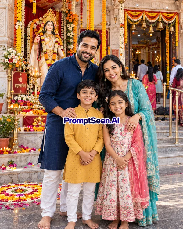 Navratri Temple Entrance Authentic Candid Family Photo