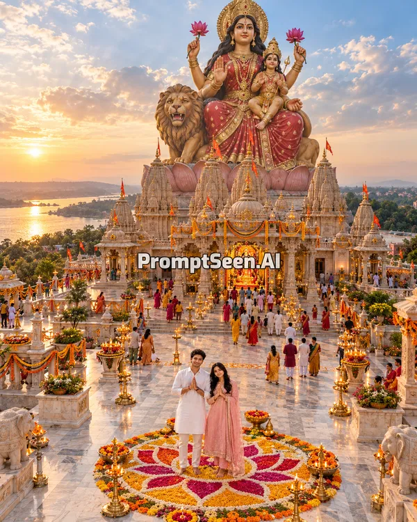 Maa Skandamata 500 Feet Statue Grand Temple Drone Shot Photo Prompt