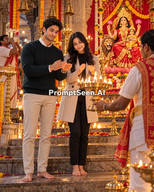 Maa Skandamata Temple Steps Evening Aarti Photo Prompt