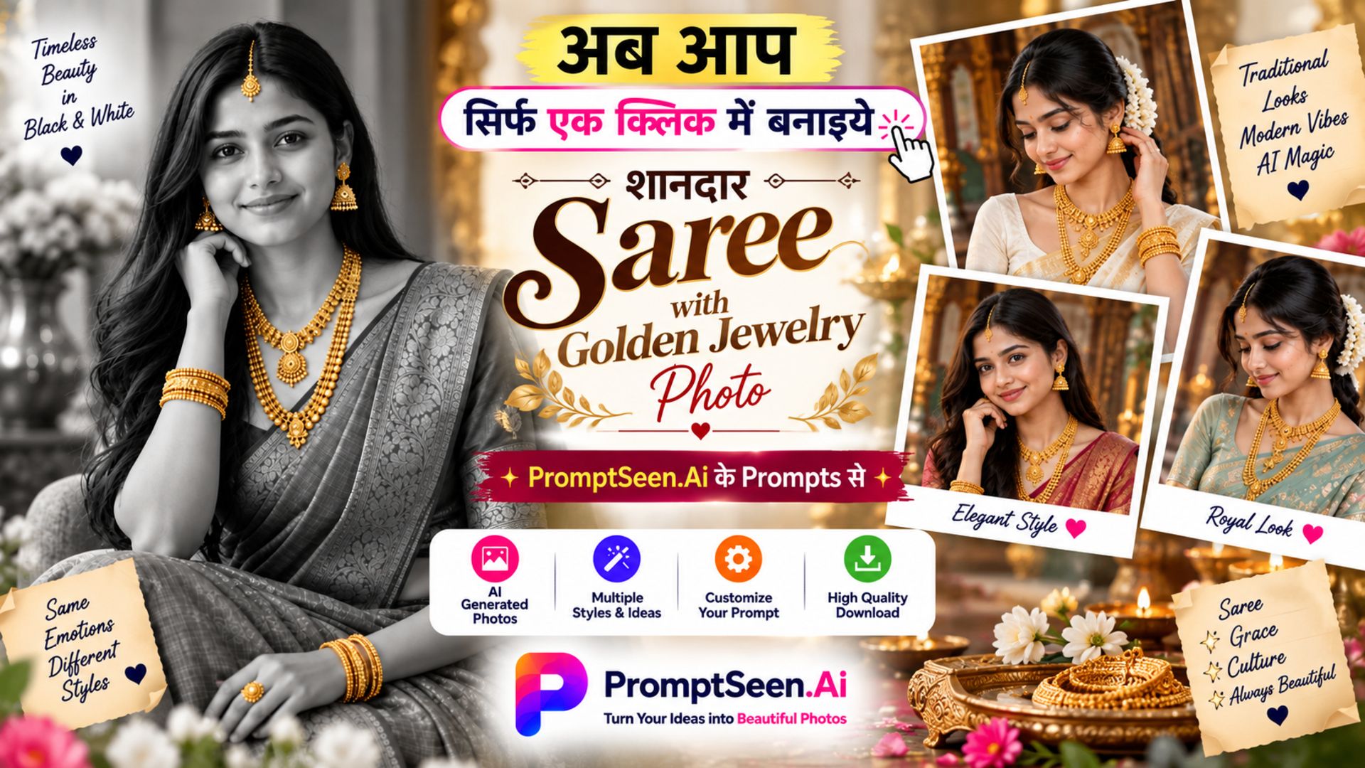 Saree with Golden Jewelry Prompts