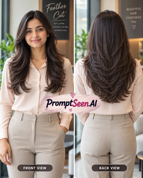 Feather Cut Front and Back View Hairstyle Prompt