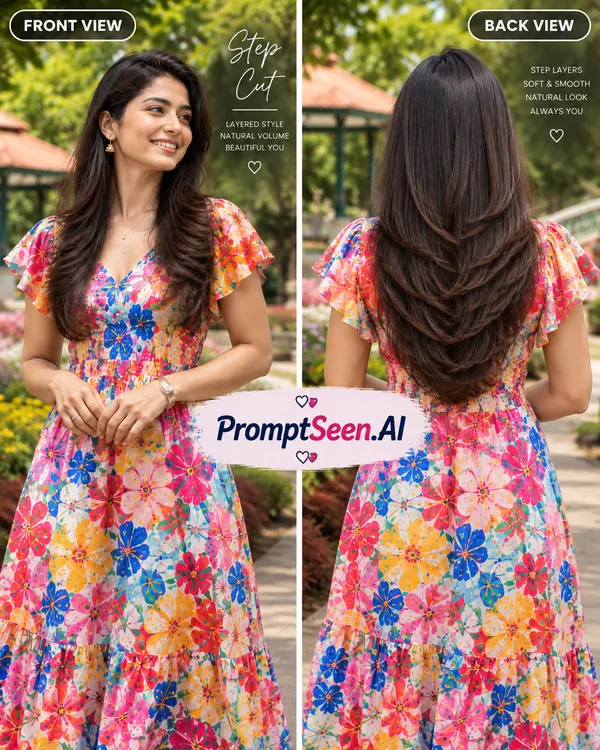 Step Cut Hairstyle Front and Back View Prompt