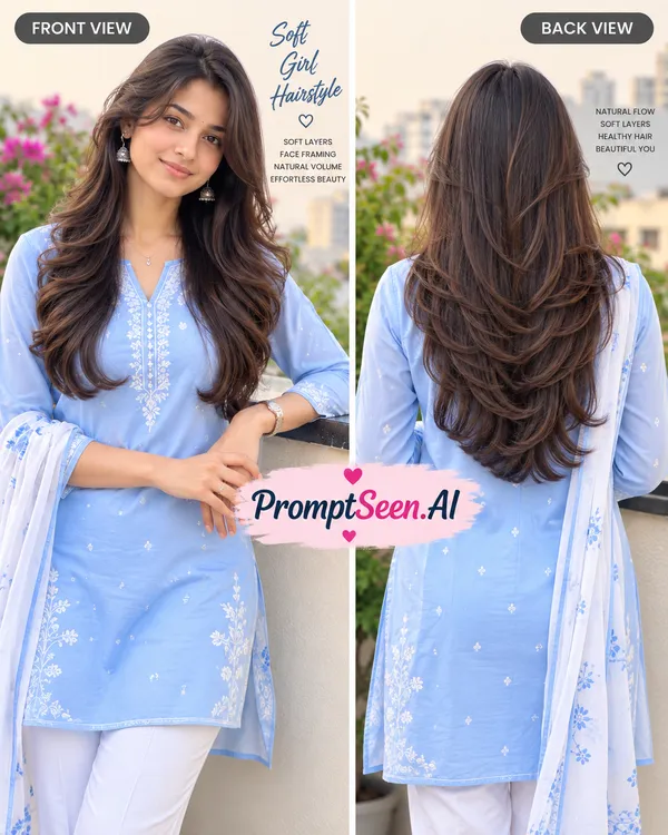 Soft Girl Hairstyle Front and Back View Prompt