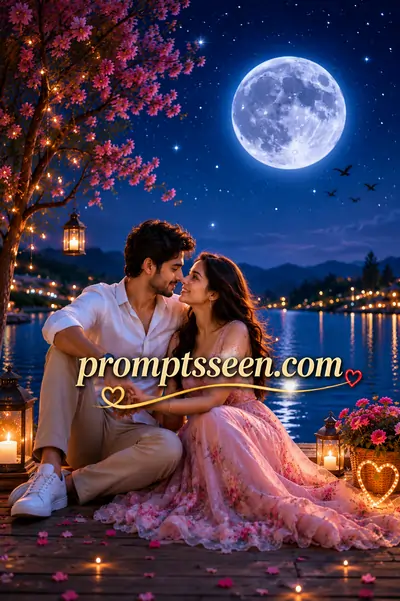 Romantic couple sitting together by a lake under bright moonlight