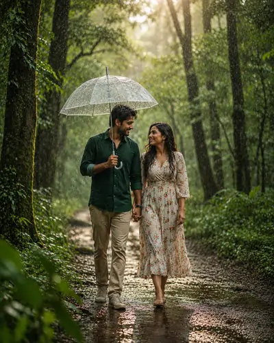 Gentle Monsoon Rain Couple Prompt