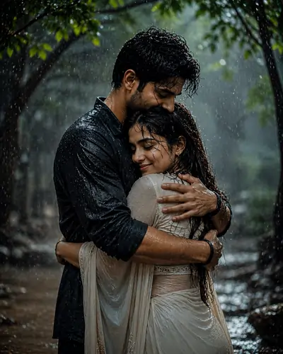 Cozy Rain Hug Romantic Couple Prompt