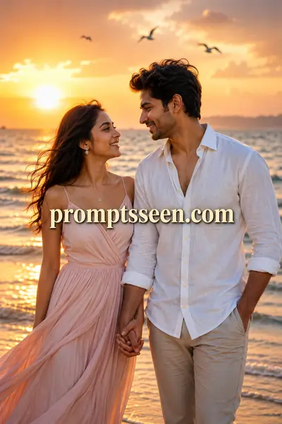 Romantic couple holding hands on a beach at golden hour